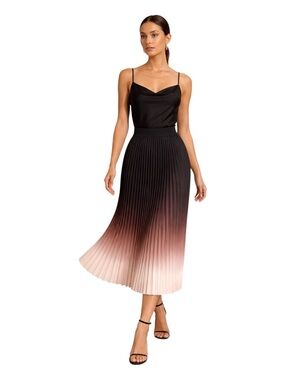 Ombré Pleated Midi Skirt Black to Nude High Waist Elegant Minimalist Chic Large